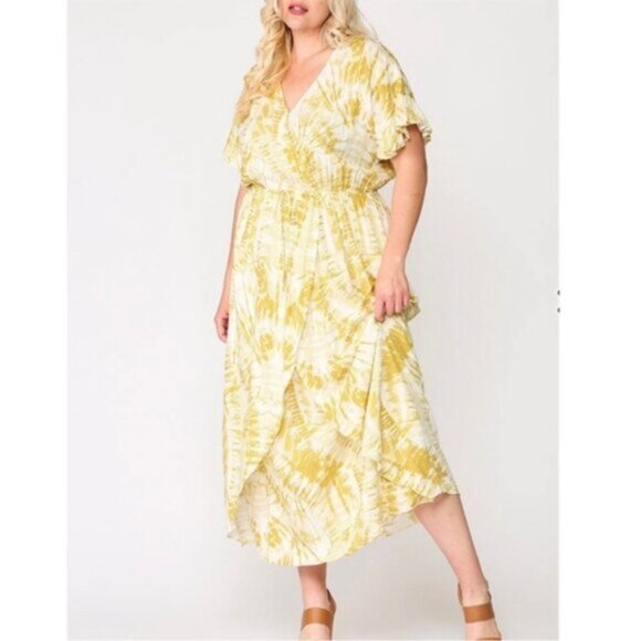 Gigio | Sunburst Golden Tie Dye Peek A Boo Slit Surplice Maxi Dress New 1X Plus - Picture 4 of 11
